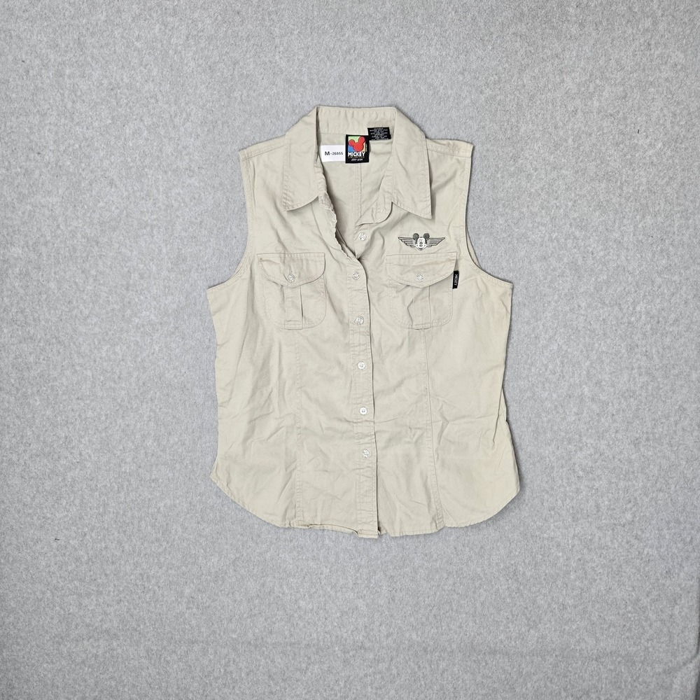 VINTAGE Mickey Unlimited Women Button Up Shirt L Beige Embroidered‎ Mickey Mouse